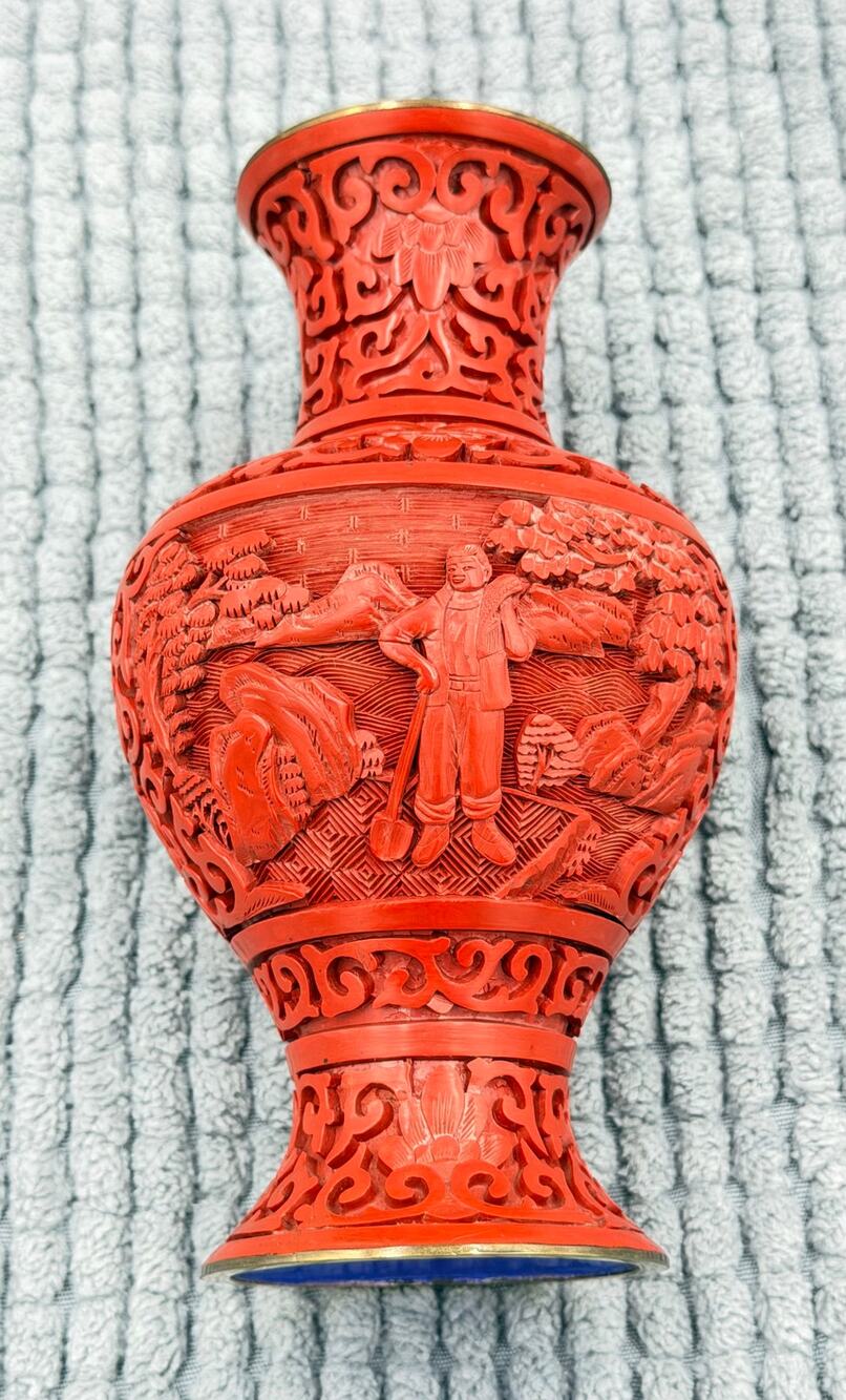 Vintage Lacquered Cloisonne Cinnabar Baluster Vase